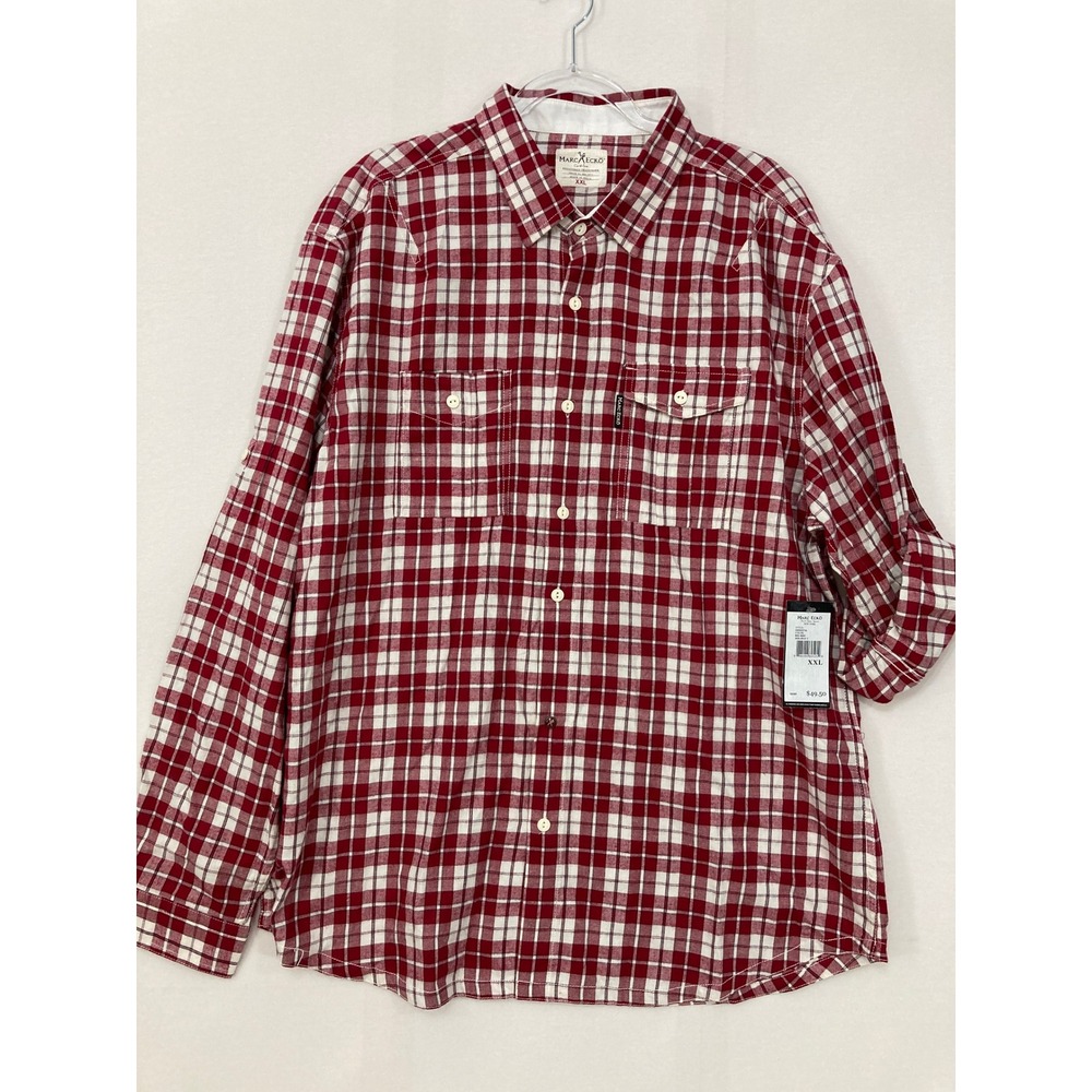 New Marc Ecko Button Down Shirt XXL Red Plaid Cotton Roll Tab Sleeve‎ Preppy